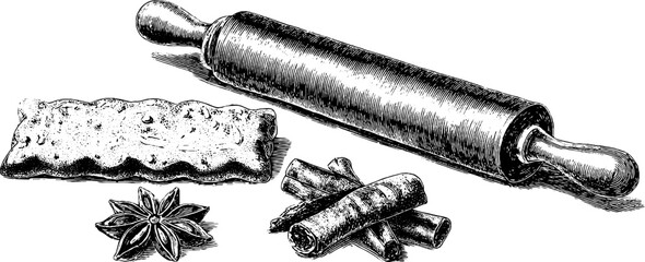 Vintage engraved illustration set of gingerbread cookies and baking tools for holiday design