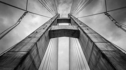 Fototapeta premium monochrome upward view of a large suspension bridge with tall concrete towers and steel cables extending into a cloudy sky evoking a sense of strength and architectural elegance