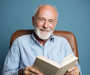 A cheerful senior man with a thick gray beard sits in a leather chair, smiling warmly while engrossed in reading a book.