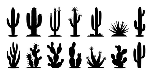 Collection of Black Silhouette Cactus and Succulent Plant Icons