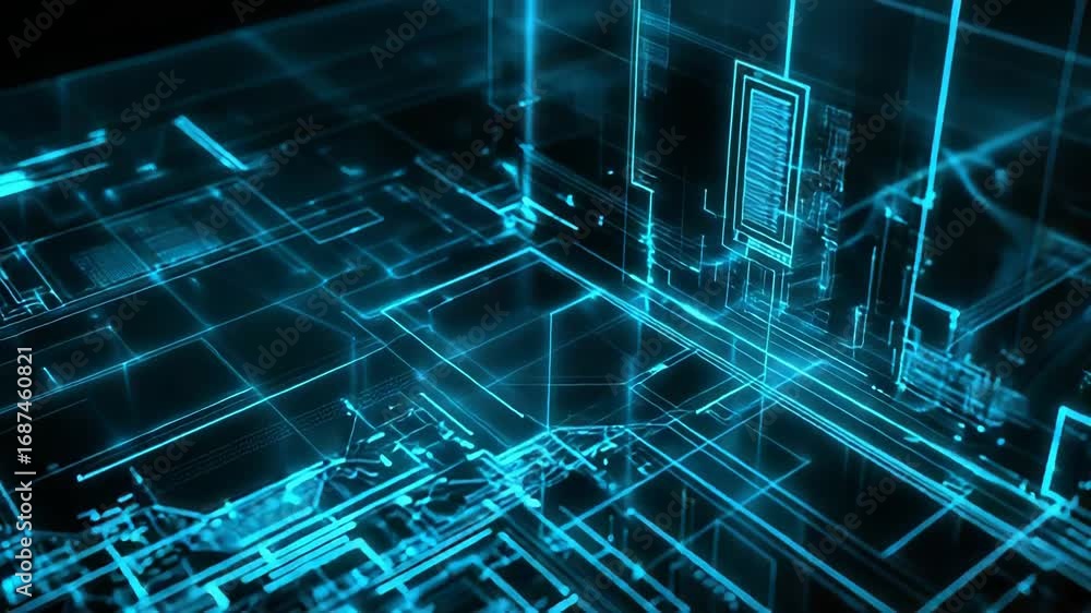Poster futuristic circuit board glowing with digital data flowing