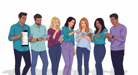 Obraz premium Diverse Group of People Engaged with Mobile Devices and Tablets in a Casual Setting