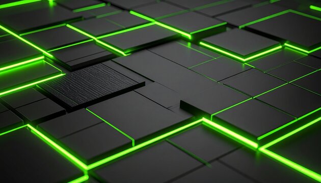 Abstract geometric dark squares with green neon lighting