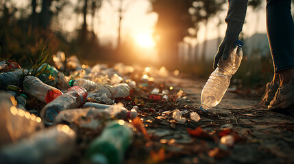 volunteer woman cleaning nature parade from plastics at sunset keeping parks clean eco friendly sustainable environment green ecology conservation outdoor activity responsible citizen planet care