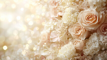 ivory blush wedding backdrop gold accents lace roses hydrangeas elegant romantic design
