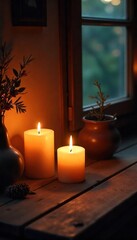 Romantic ambiance created by flickering candlelight illuminating a cozy interior, casting warm shadows on wooden surfaces and creating a sense of peace and tranquility , still life, serene