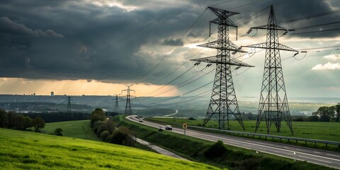 Dramatic Sky Over Lush Landscape and Highway with Power Lines