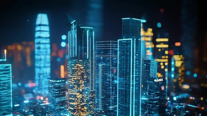 Futuristic smart city with digital buildings lighting up at night - Powered by Adobe