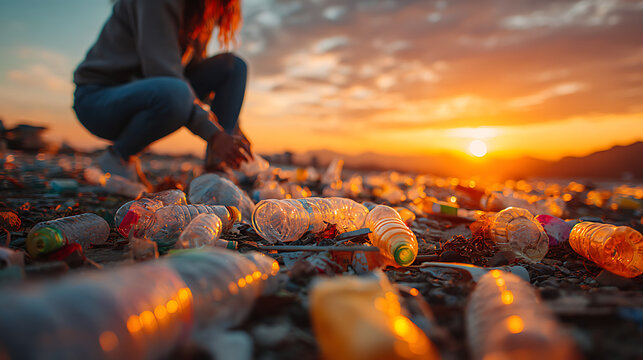 volunteer woman cleaning nature parade from plastics at sunset keeping parks clean eco friendly sustainable environment green ecology conservation outdoor activity responsible citizen planet care - Powered by Adobe