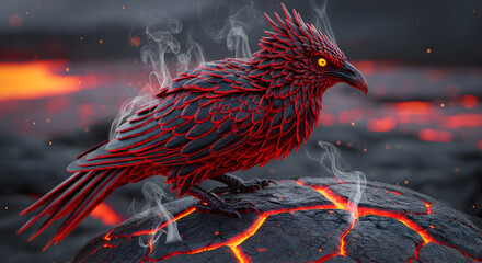 A mythical phoenix bird with glowing red eyes and fiery plumage sits on a cracked volcanic rock, surrounded by smoke and embers, symbolizing rebirth and power