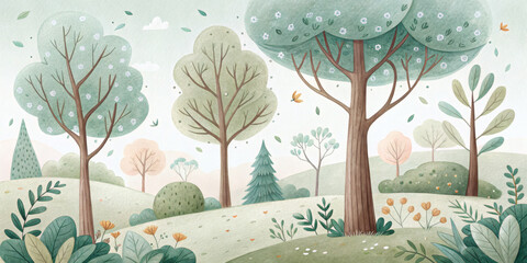 Peaceful watercolour forest illustration featuring soft, clay-like textures, tall trees, and pastel tones, perfect for wallpapers, colouring books, and serene, nature-themed designs.