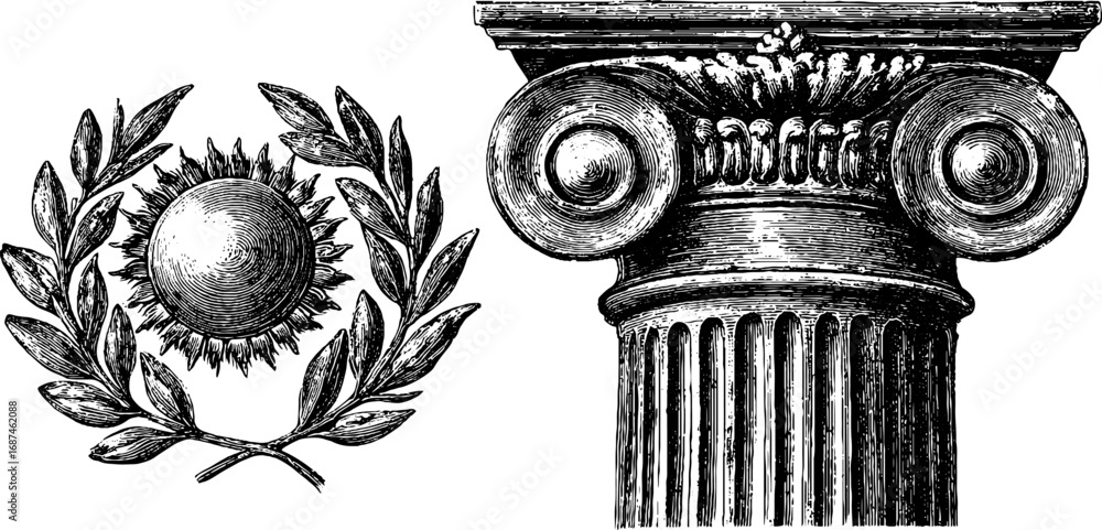 Poster classical architecture and nature elements: engraved ionic column and laurel wreath illustration set