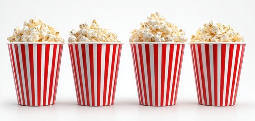 The collection of striped popcorn containers filled with delicious, fluffy popcorn.