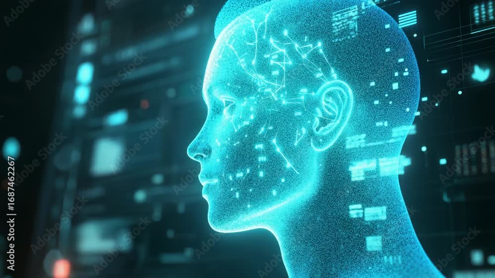 Poster artificial intelligence processing data in a futuristic human head