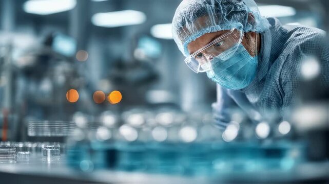Medium shot of technician inspecting sustainable packaging samples main object in sharp focus with blurred factory background highlighting target setting.