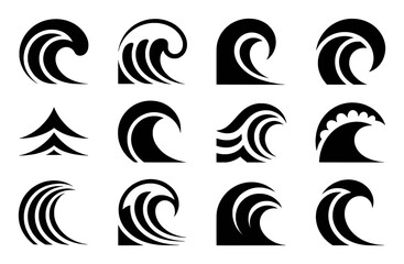 Collection of Stylized Black Wave Icons on White Background