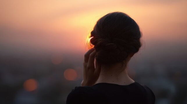 Woman watching sunset thoughtful evening outdoors - Powered by Adobe