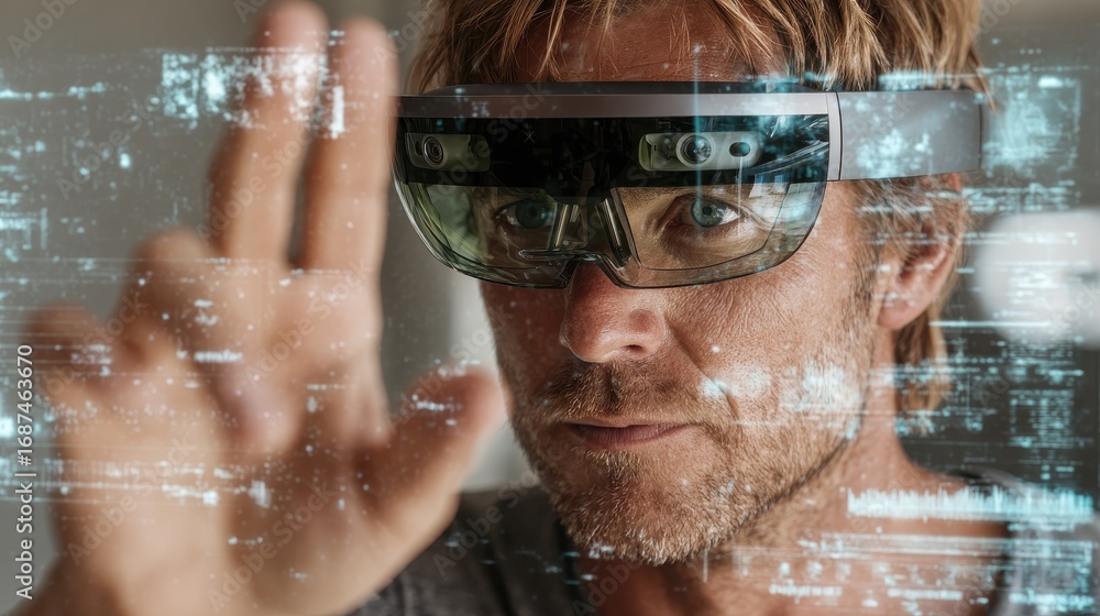 Poster a man wearing augmented reality glasses interacts with a digital interface showcasing advanced techn