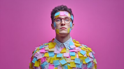 young man covered in colorful sticky notes symbolizing mental overload and tasks stressful busy feeling overwhelmed communication ideas memory aid concept pink backdrop