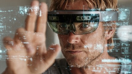 a man wearing augmented reality glasses interacts with a digital interface showcasing advanced technology and innovation