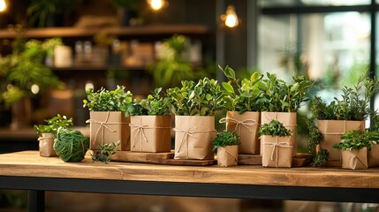 Embrace sustainable gift wrapping with eco-friendly materials, showcasing charming potted plants in natural fibers, perfect for promoting environmentally conscious gifting solutions.