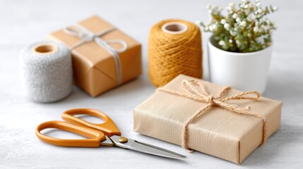 A beautifully arranged collection of eco-friendly gift wrapping essentials including kraft paper packages, natural twine, scissors, and a potted plant on a light minimalist background.