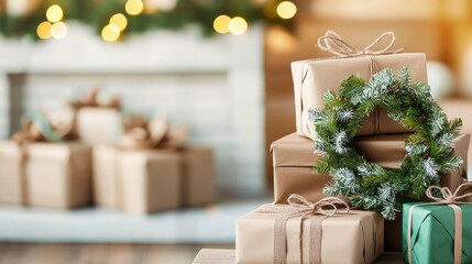Sustainable gift wrapping in a cozy setting showcases beautifully wrapped presents with natural materials, promoting eco-friendly holiday traditions and reducing waste during the festive season.