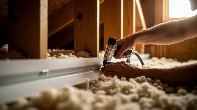 style footage of insulation baffle installation capturing the gradual sealing off of attic eaves to prevent moisture buildup.