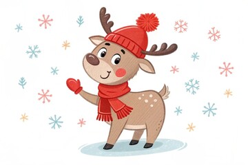 Cute cartoon reindeer wearing a Santa hat and scarf waving