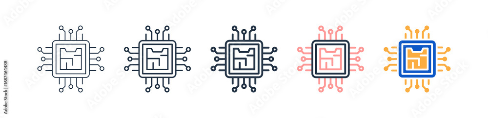 Poster processor different style icons set vector illustration.