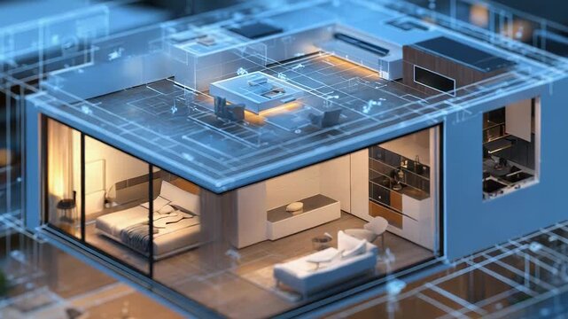 Modern smart home showing architectural plans overlaid on building