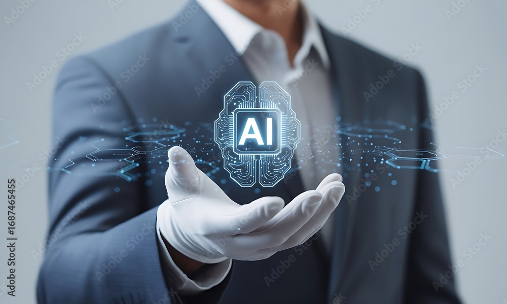 Poster business professional presenting digital ai processor hologram with circuit visualization, ideal for