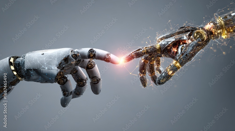 Poster human and robot hand touching connection technology artificial intelligence machine learning concept