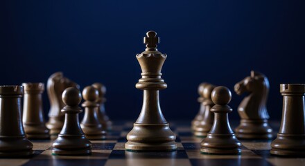Chessboard Strategem: A close-up shot of a chessboard reveals a strategic array of chess pieces, with the king at the center, poised against a deep blue backdrop.