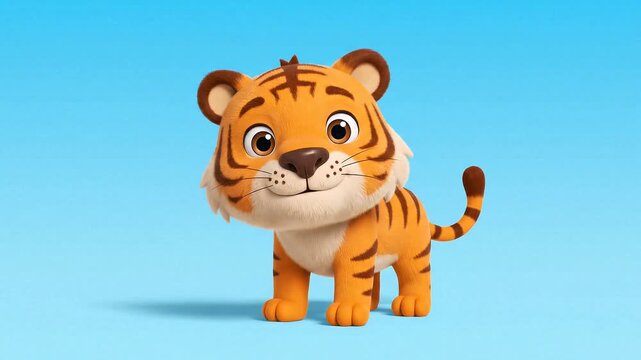 A friendly striped animal character is presented on light blue background with soft textured fur and a bright cheerful smile adorable