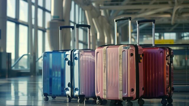A row of suitcases stacked on a tiled floor, ready to be transported