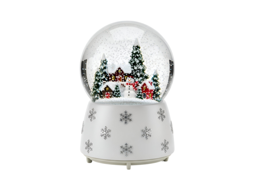 A charming, white musical snow globe showcases a winter wonderland scene with snow-covered fir trees, a cozy house, and a friendly snowman, illuminated with warm red and brown colors.