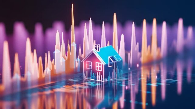 Hologram of house showing real estate market trends and data analysis