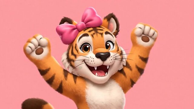A cheerful anthropomorphic tiger character is presented in a playful pose against solid pink background delightful