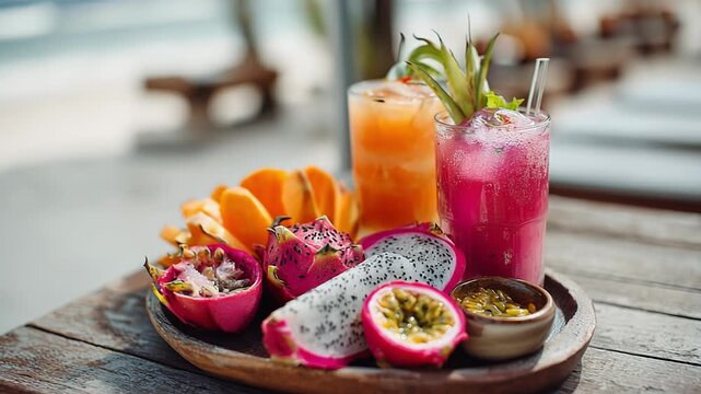 Mouthwatering tropical drinks complement a vibrant array of exotic fruits on a rustic wooden platter. Sunset illuminates the beachside, creating a serene atmosphere.