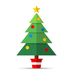 Stylized Christmas Tree with Star and Colorful Ornaments in a Red Pot