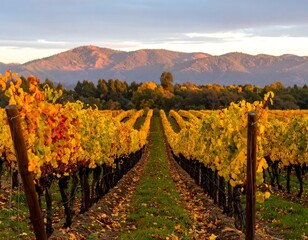Naklejka premium Autumn vineyard landscape with mountains