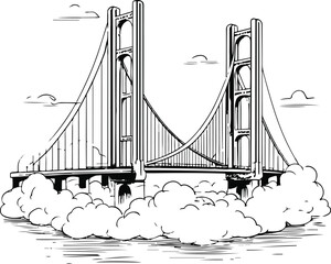 Black and white line art of a city bridge standing over fluffy clouds instead of water, surreal minimal doodle vector