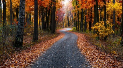 Obraz premium Serene Autumn Road Winding Through a Vibrant Forest with Falling Leaves