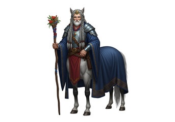 Naklejka premium A detailed illustration of a centaur-like figure, a wise and regal character, wearing elaborate attire and holding a staff adorned with flowers.