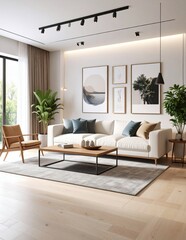 Modern and minimalist living room with elegant decor and natural light.