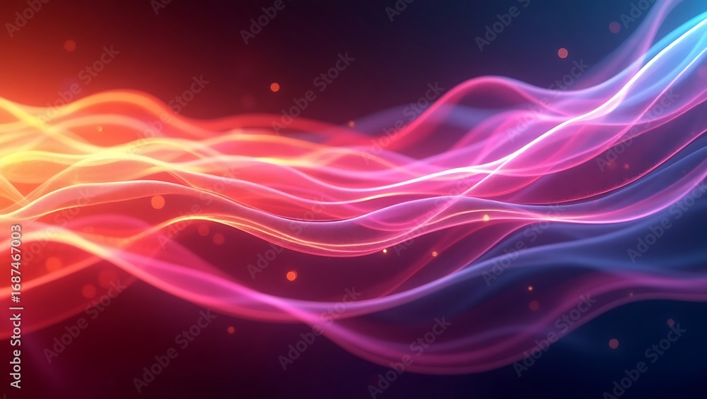 Poster abstract flowing waves background. a dynamic and vibrant design with sparkling particles and a color