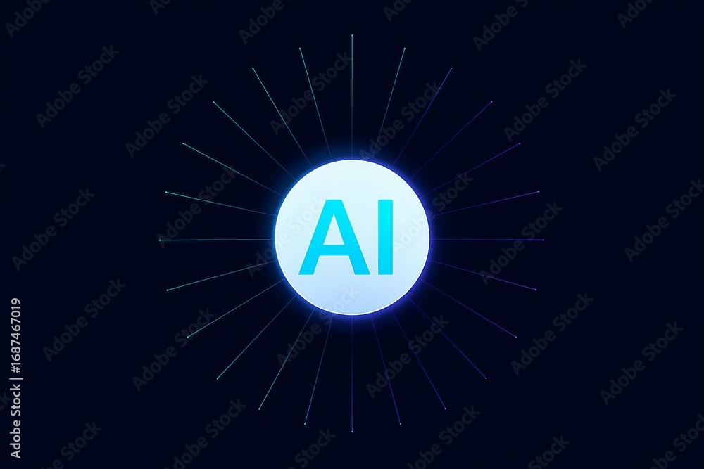 Poster glowing ai logo with radiating light beams on a dark background representing artificial intelligence