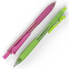 Close-up of two bright ballpoint pens with transparent barrels and rubber grips. Minimalist stationery concept on white background.