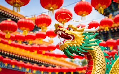 Fototapeta premium Golden Dragon Statue With Red Lanterns At A Temple Keywords: dragon, statue, golden, green, red
